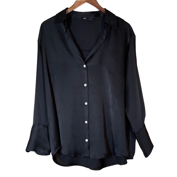 ZARA Black Satin Button Up Long Sleeve Blouse Top Womens Size L Work Minimalist - Picture 2 of 11